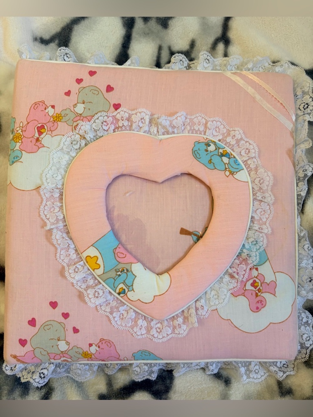 1980’s Vintage CARE BEARS Homemade Padded Pink Fabric Covered Photo Album